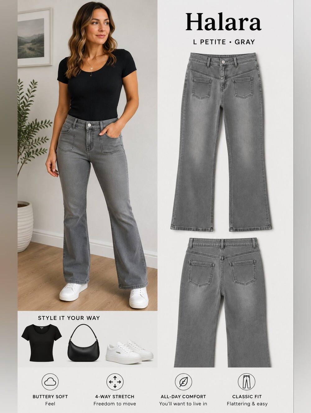 Halara Very Soft Gray Jeans L Petite Flare Stretch
